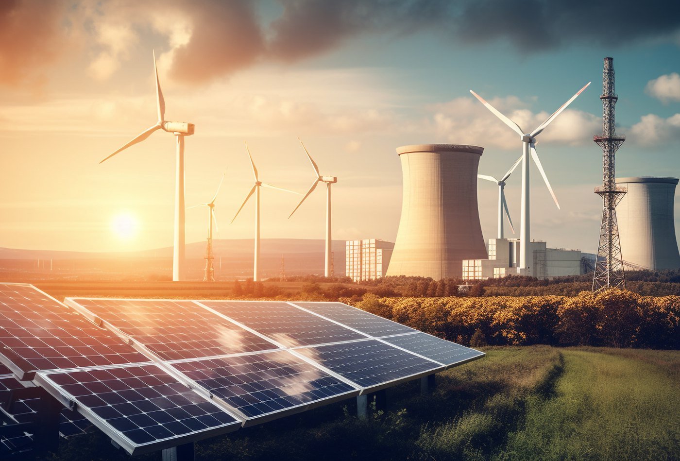 Wind turbines, solar array and power infrastructure at sunset