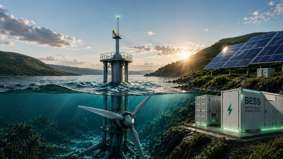 Tidal turbine, solar array and battery storage on a coastline